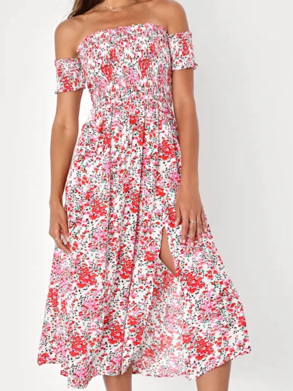 LULUS View from the Meadow Cream Floral Print Off-the-Shoulder Dress